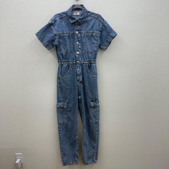 We the Free People Marci Denim Cargo Coverall Onepiece Jumpsuit Womens sz Small - Picture 1 of 12